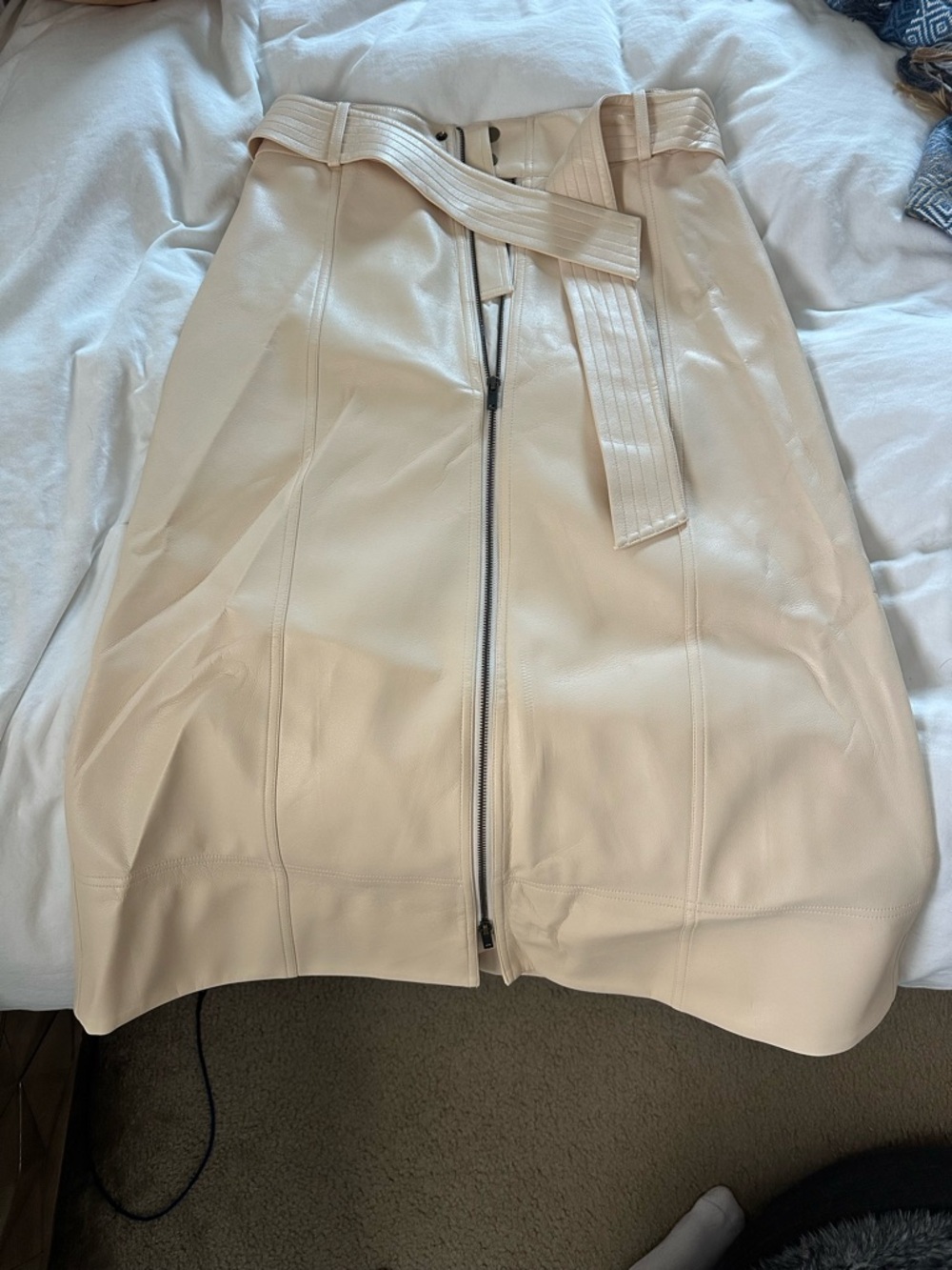 Marie Oliver Cream Faux Leather Zip-Front Skirt with Belt